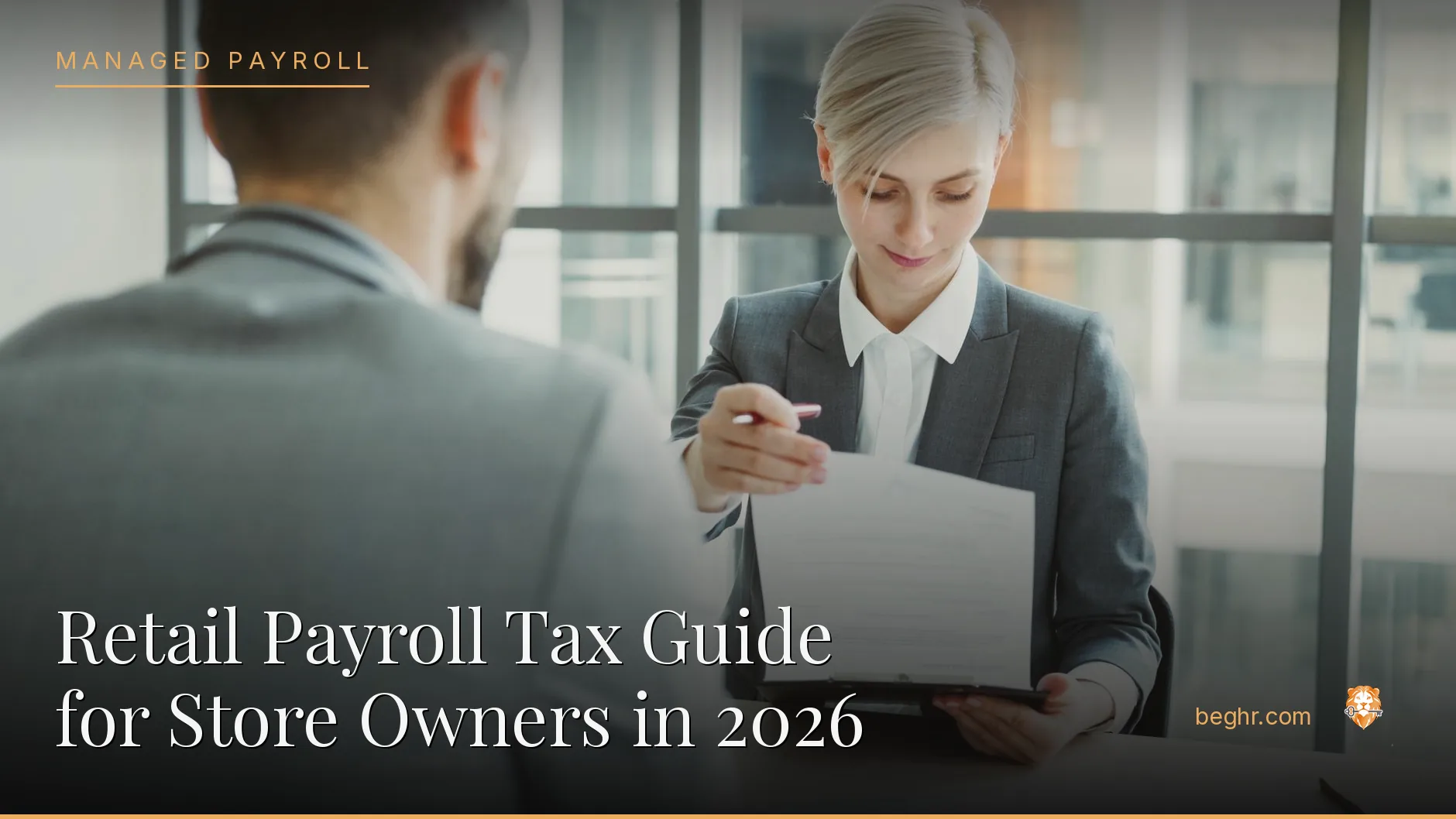 Business professionals reviewing payroll and HR documents in a bright modern office