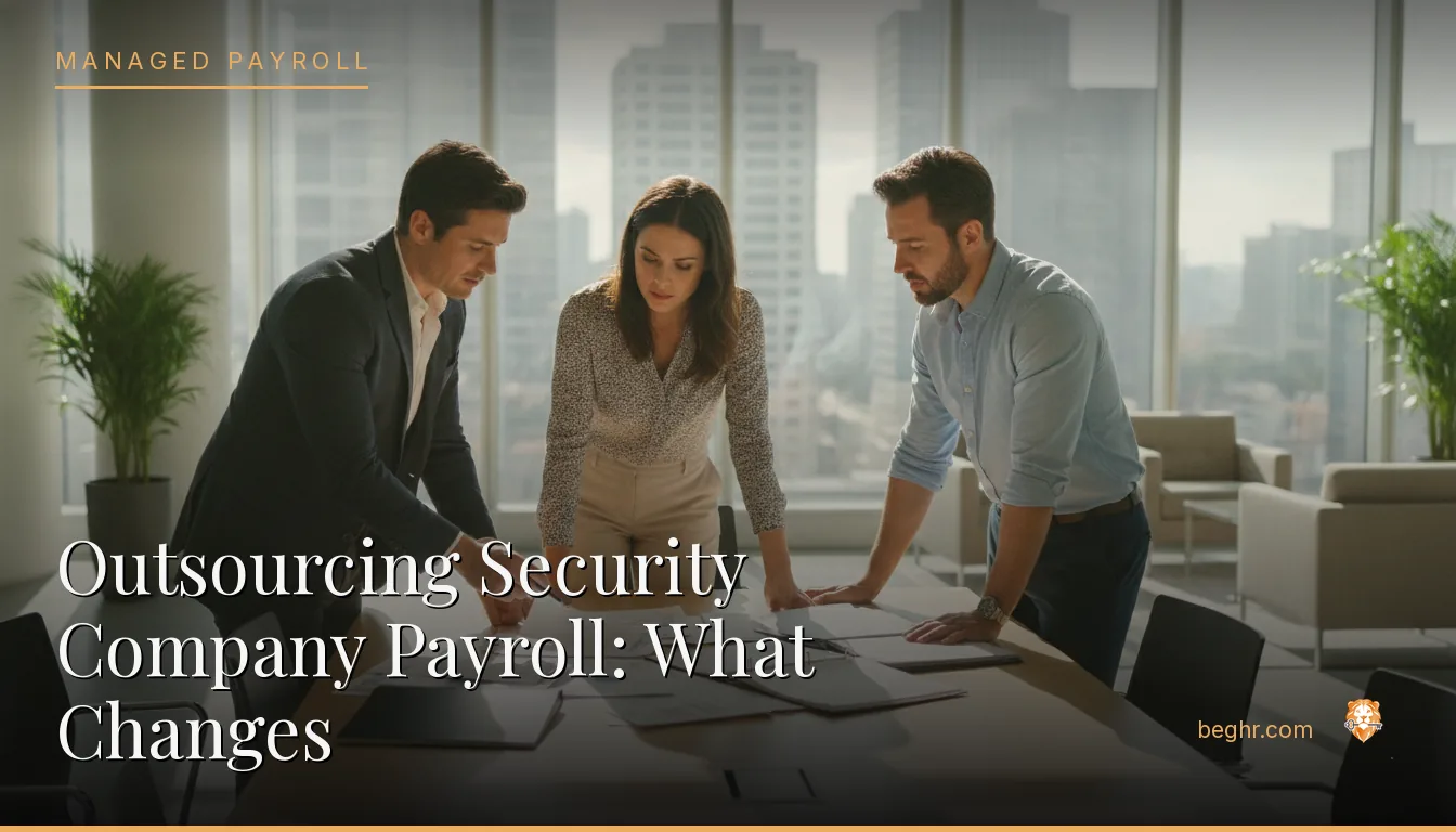 Business professionals reviewing payroll and HR documents in a bright modern office