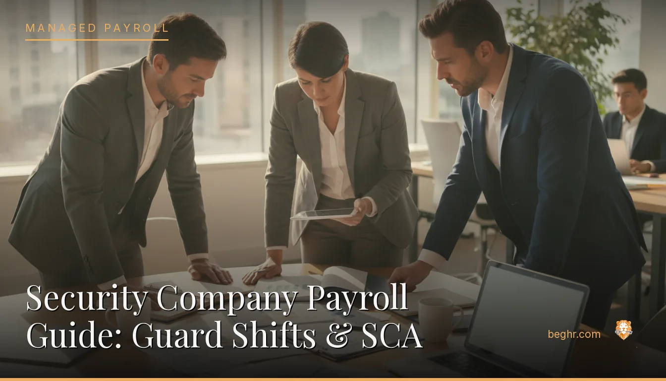 Business professionals reviewing payroll and HR documents in a bright modern office