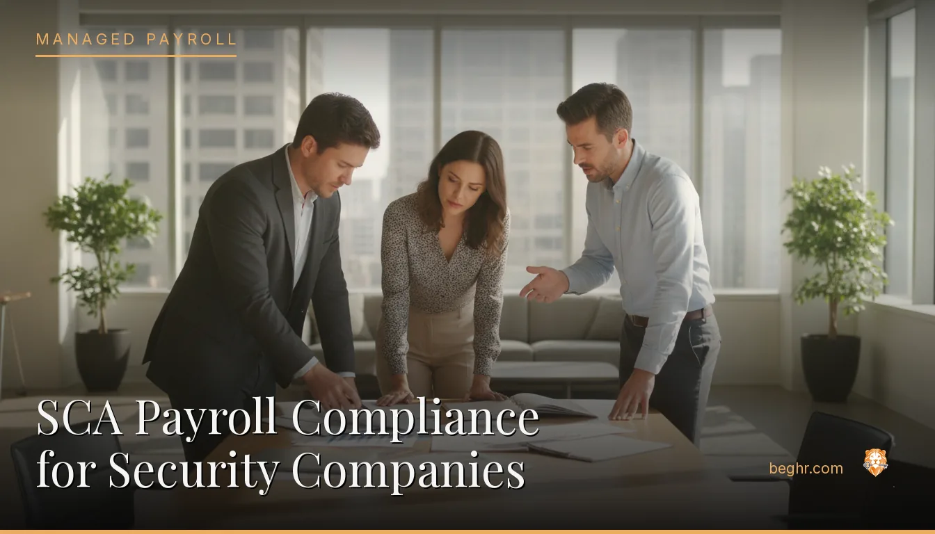 Business professionals reviewing payroll and HR documents in a bright modern office