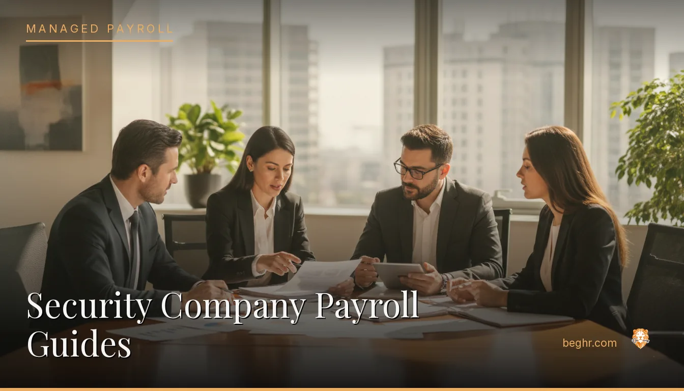 Business professionals reviewing payroll and HR documents in a bright modern office