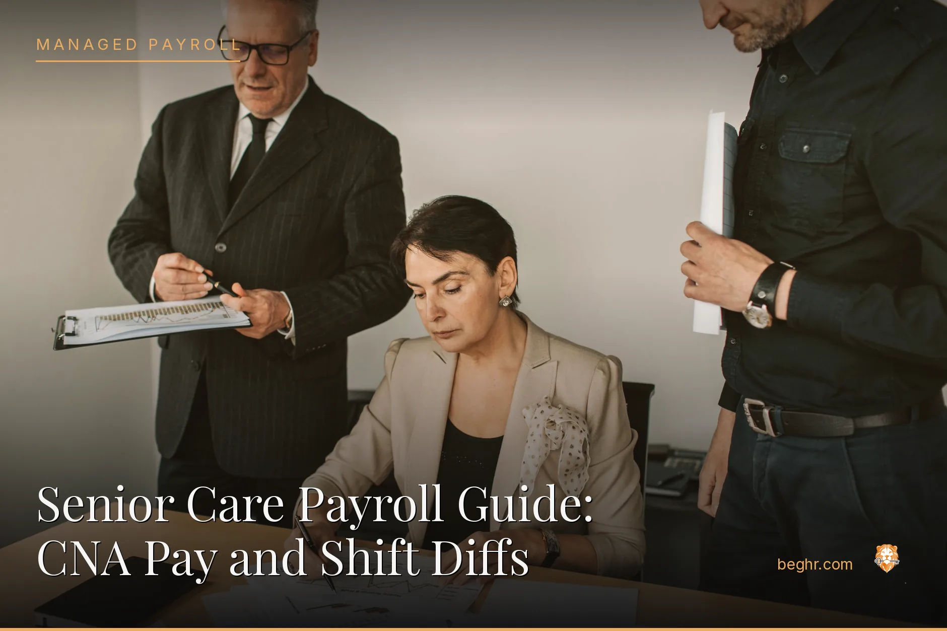 Business professionals reviewing payroll and HR documents in a bright modern office