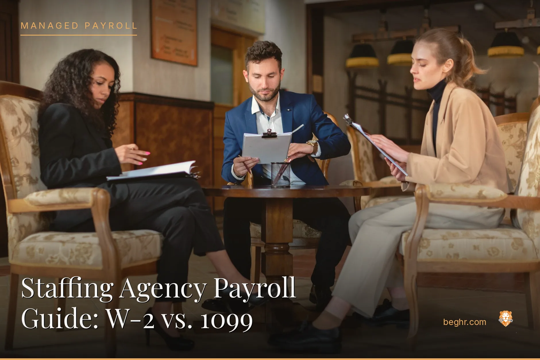 Business professionals reviewing payroll and HR documents in a bright modern office