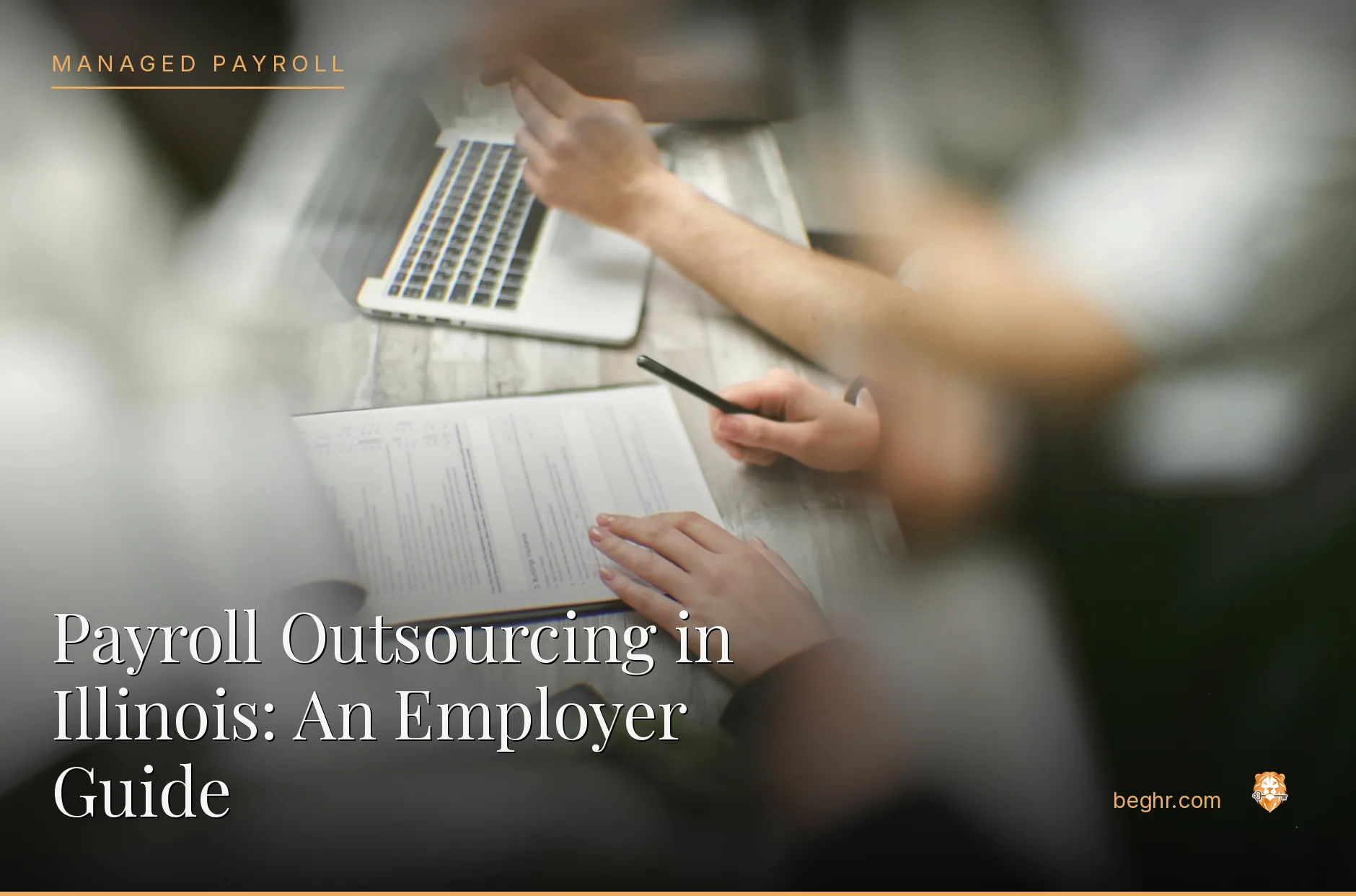 Business professionals reviewing payroll and HR documents in a bright modern office