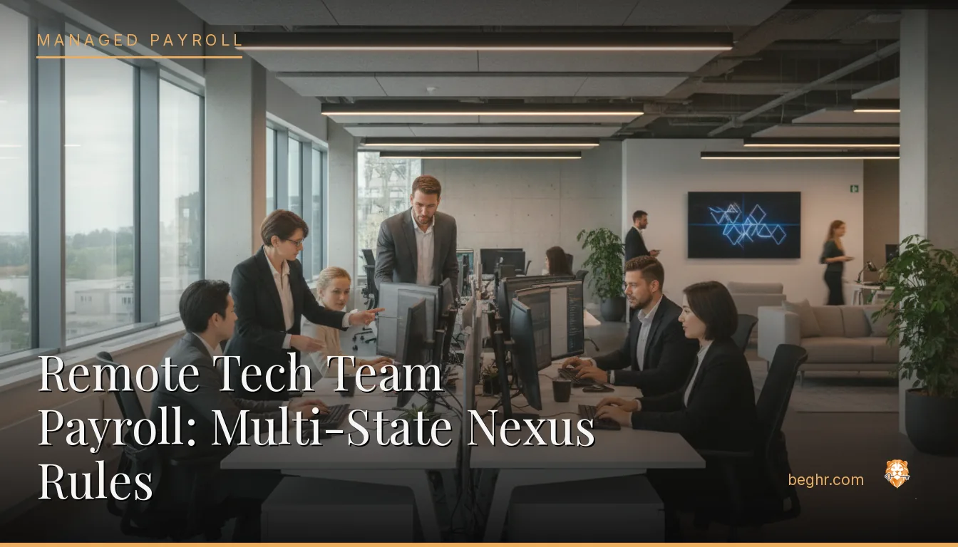 A modern tech office, software team collaborating at workstations