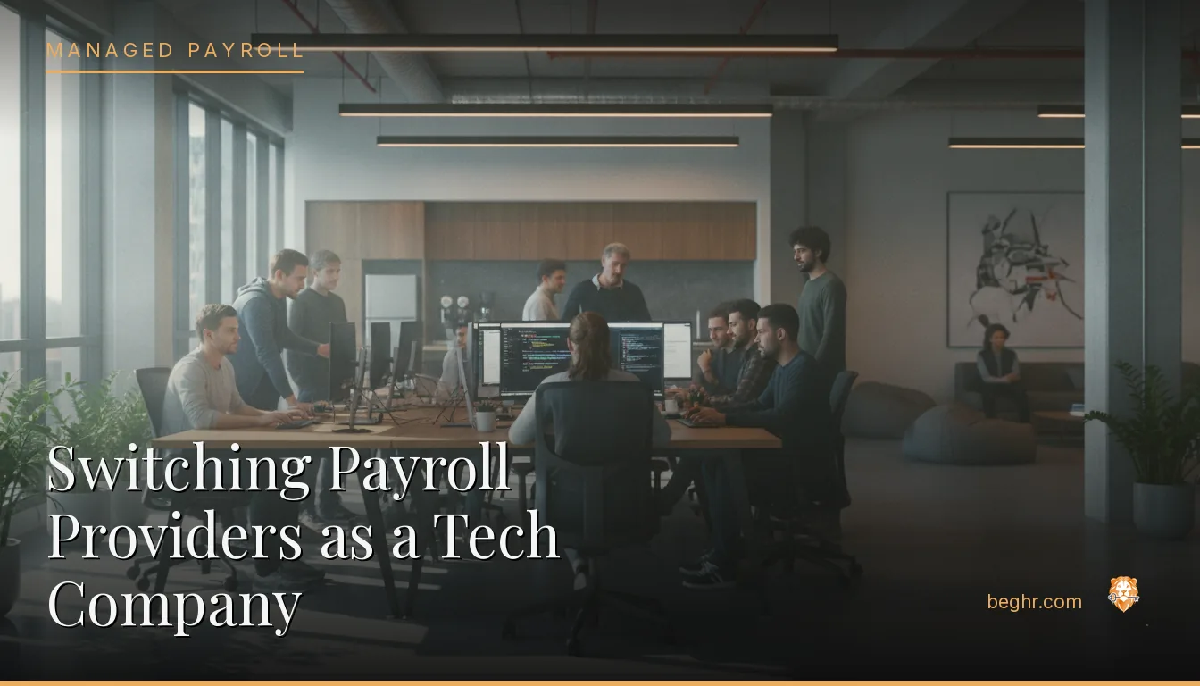 A modern tech office, software team collaborating at workstations