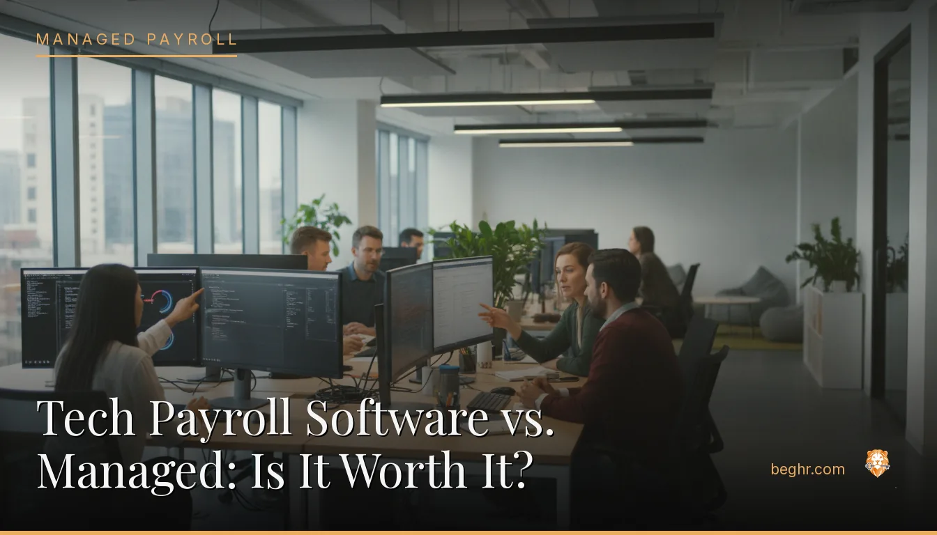 A modern tech office, software team collaborating at workstations