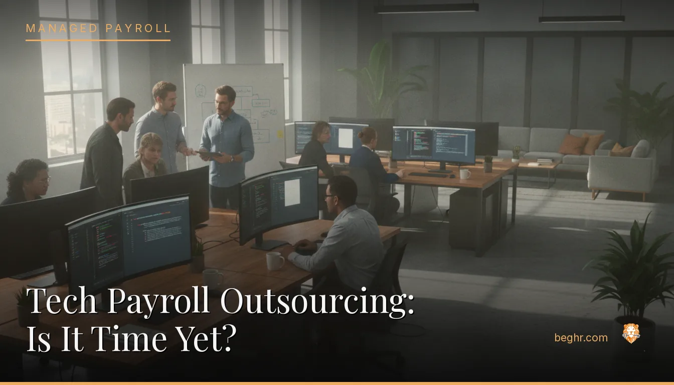 A modern tech office, software team collaborating at workstations