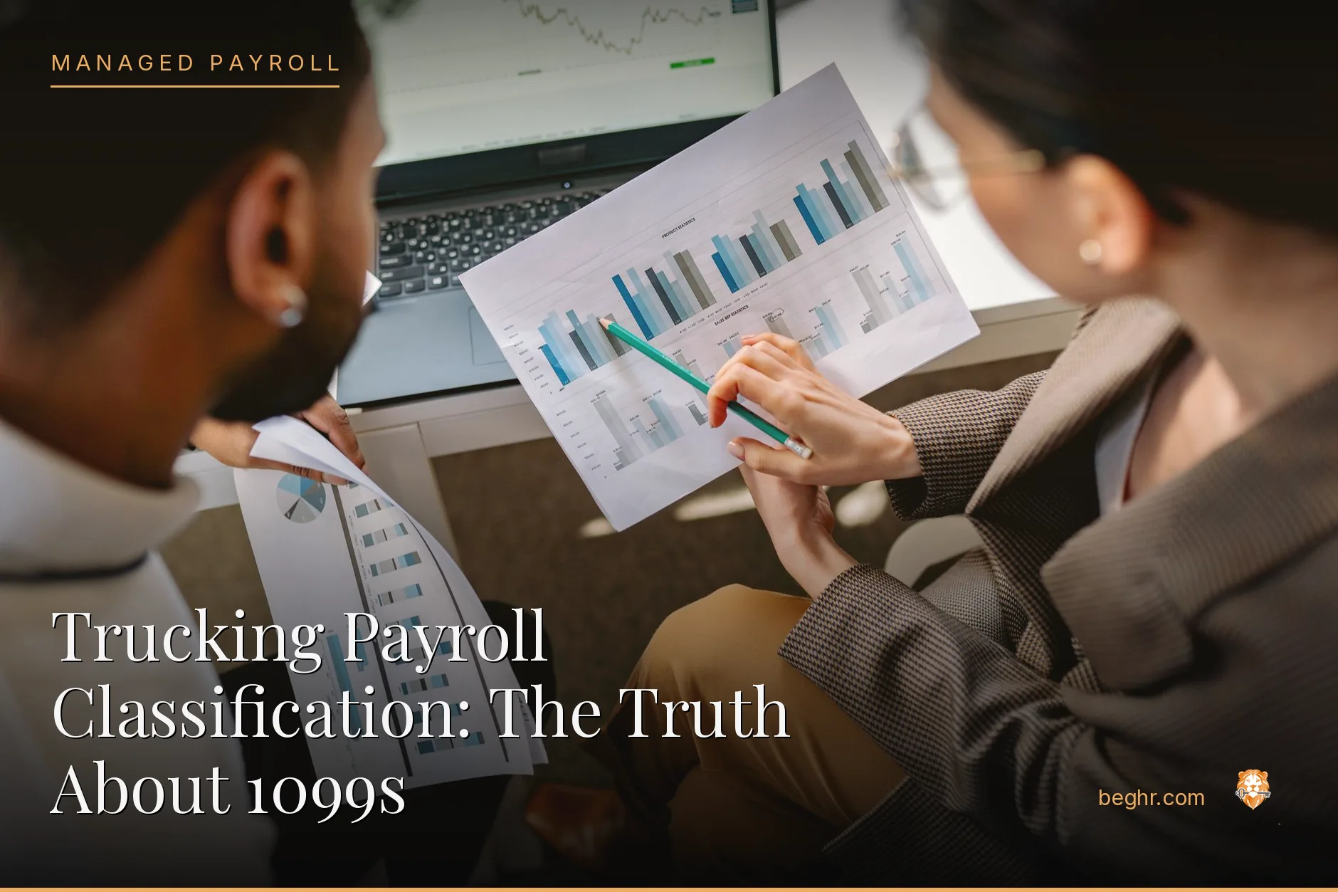 Business professionals reviewing payroll and HR documents in a bright modern office