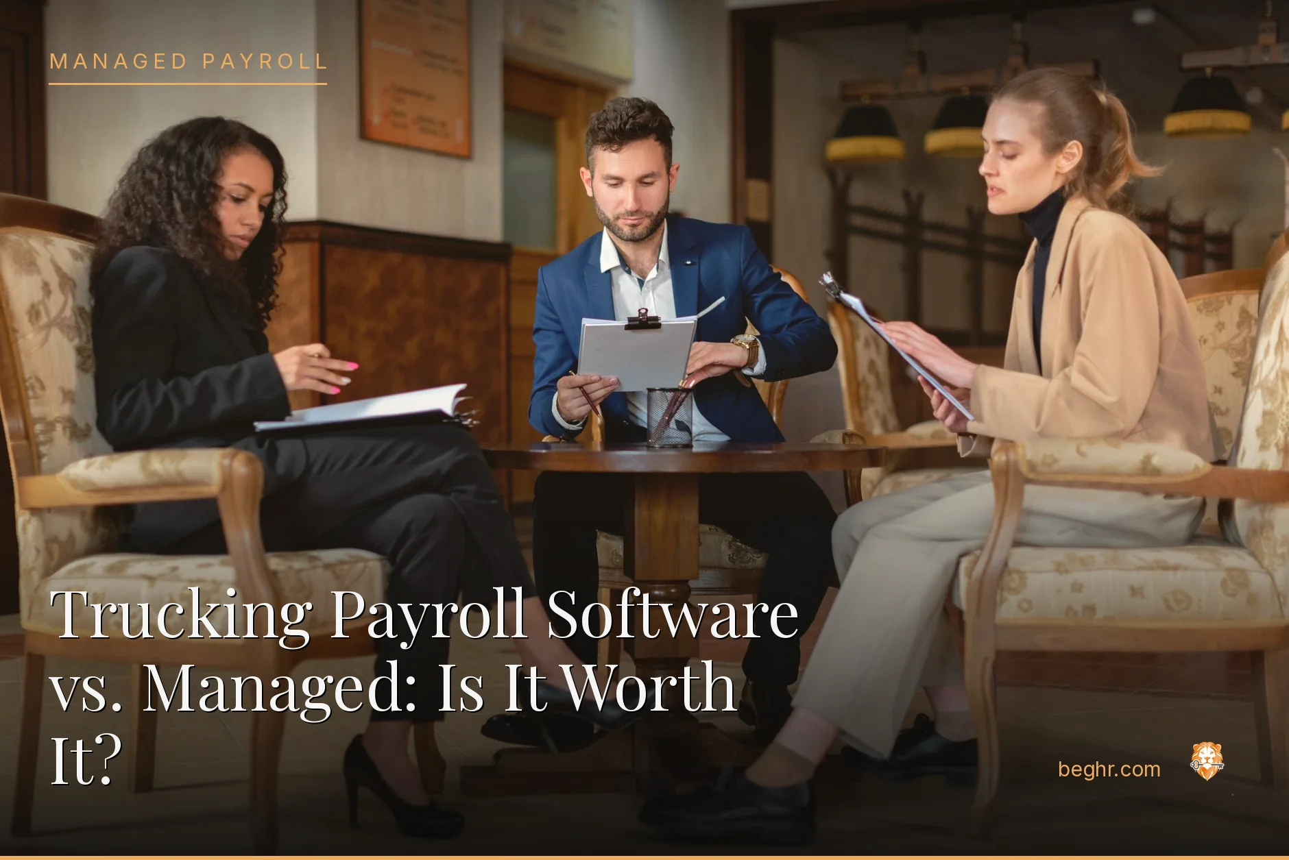 Business professionals reviewing payroll and HR documents in a bright modern office