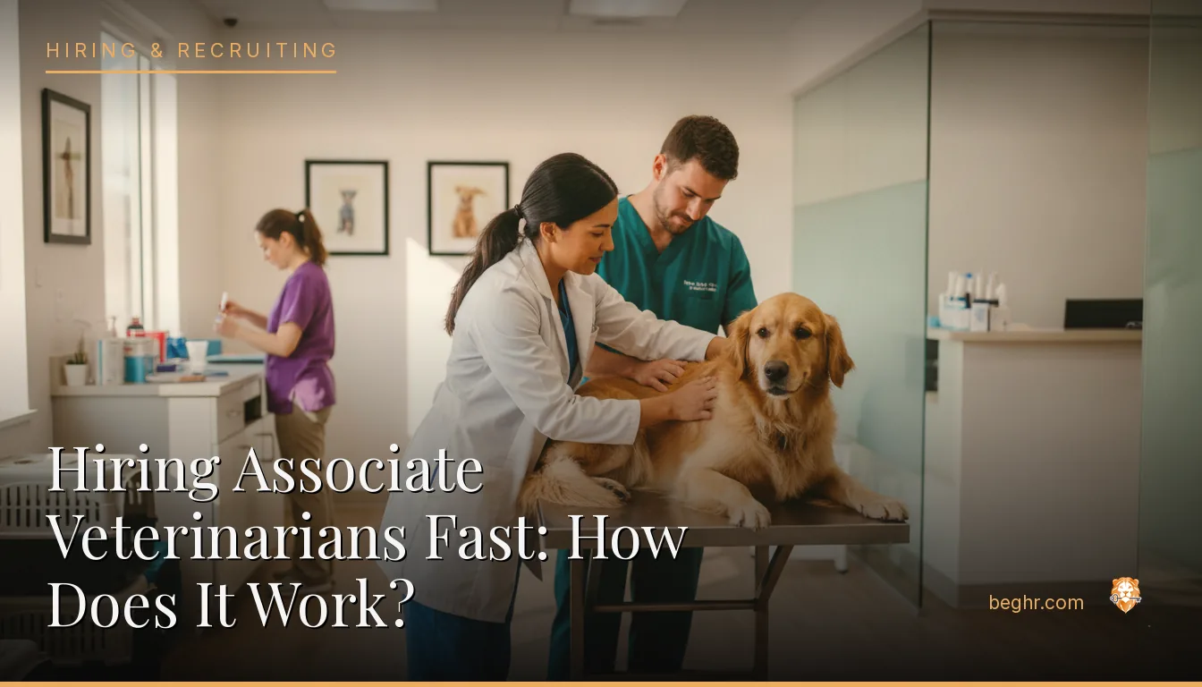 A veterinary clinic with a vet examining a dog, staff assisting